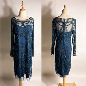 ADRIANNA PAPELL Teal Beaded Sheer Sleeve Illusion Dress Size 14
